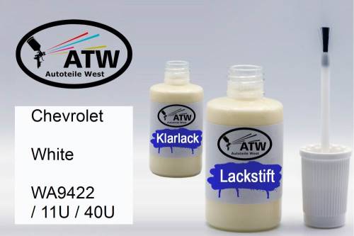 Chevrolet, White, WA9422 / 11U / 40U: 20ml Lackstift + 20ml Klarlack - Set, von ATW Autoteile West.